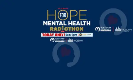Banner for Hope for Mental Health Radiothon, 1st annual event with sponsors, today’s 6am–7pm timing on a dark blue background.