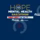 Banner for Hope for Mental Health Radiothon, 1st annual event with sponsors, today’s 6am–7pm timing on a dark blue background.