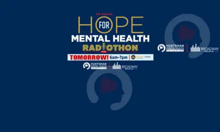 Poster announcing the Hope for Mental Health Radiothon tomorrow 6–7pm, with a head silhouette graphic and sponsor logos on a blue background.