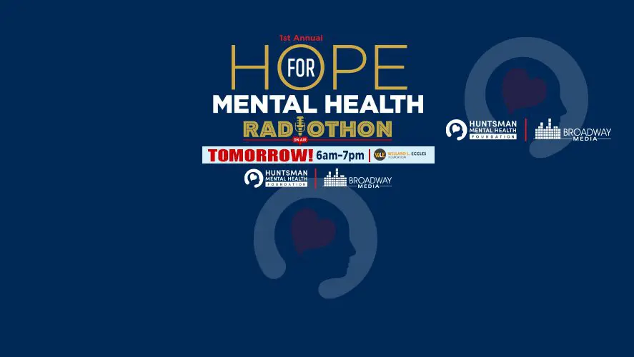 Poster announcing the Hope for Mental Health Radiothon tomorrow 6–7pm, with a head silhouette graphic and sponsor logos on a blue background.