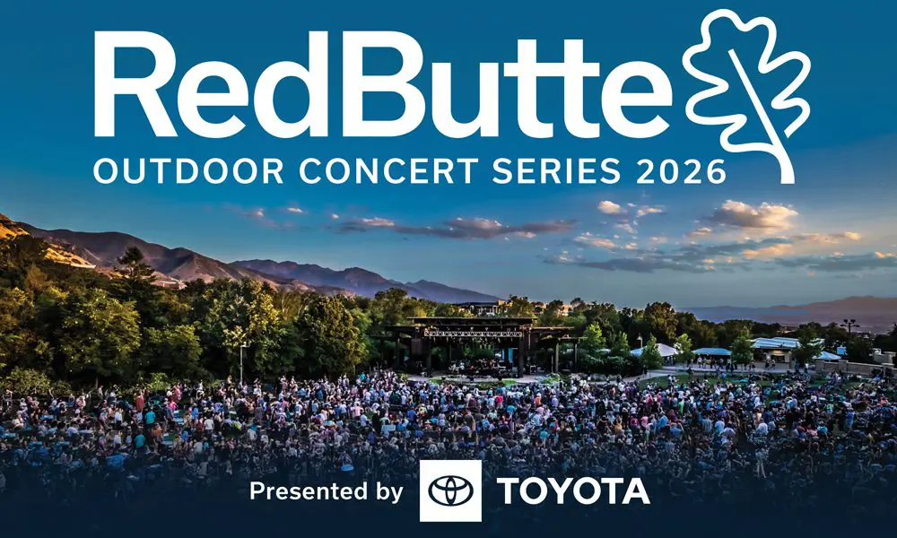 Promotional banner for RedButte Outdoor Concert Series 2026, with a large outdoor crowd and Toyota as presenter.