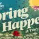 Promotional banner for a spring event at Tracy Aviary Liberty Park, with birds, flowers, and large cream text across a leafy background.