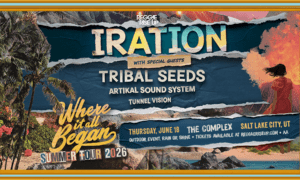 Festival poster for Reggae Rise Up featuring Tribal Seeds and guests, tropical beach collage with torn-paper design