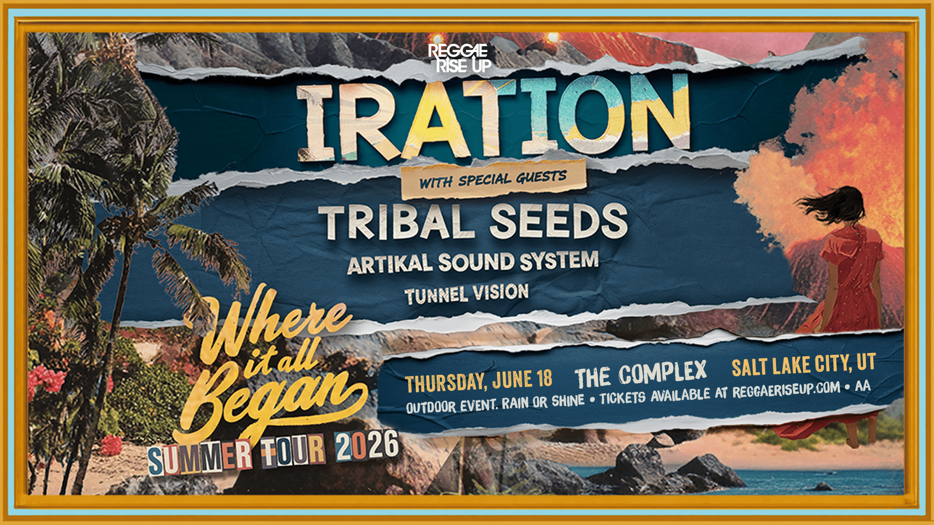 Festival poster for Reggae Rise Up featuring Tribal Seeds and guests, tropical beach collage with torn-paper design