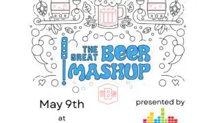 Poster for The Great Beer Mashup with beer mug illustration, announcing May 9th at Woodbine Food Hall and presented by Broadway Media; tickets at utahbrewersguild.org.