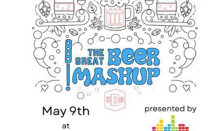 Poster for The Great Beer Mashup with beer mug illustration, announcing May 9th at Woodbine Food Hall and presented by Broadway Media; tickets at utahbrewersguild.org.