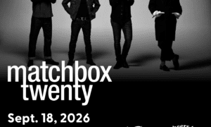 Black-and-white poster of the band Matchbox Twenty, four men standing together, with the date Sept. 18, 2026 at Utah Days of ’47 Arena and “Tickets on sale May 15.”