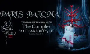 Concert poster for Paris Paloma—The Fatal Flaw Tour 2022 at The Complex, Salt Lake City, with a performer in a white dress under a red tree sculpture, on a dark stage.