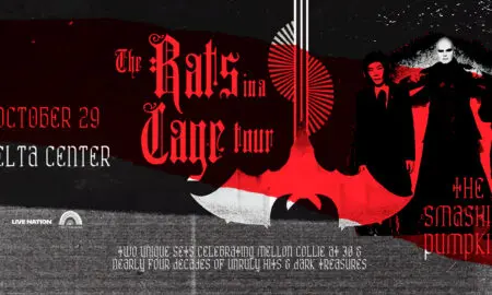 Concert poster advertising a Smashing Pumpkins show on October 29 at Delta Center, with bold red typography and a dark collage design.