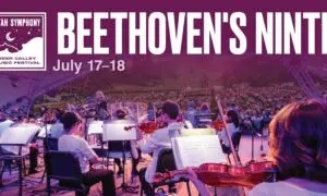 Outdoor orchestra on a stage performing Beethoven's Ninth at the Deer Valley Music Festival; festival branding is visible in the corner.