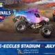 Monster Jam World Finals logo with colorful monster trucks racing on a dirt track and a Rice-Eccles Stadium banner (July 2–4, Utah).
