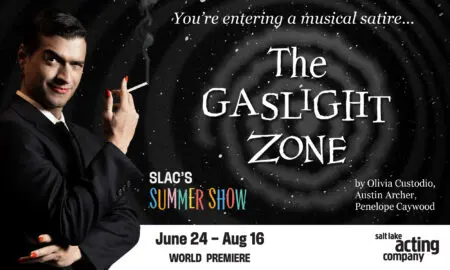 Promotional poster featuring a man in a suit smoking a cigarette on the left, with 'The Gaslight Zone' and show details.