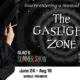 Promotional poster featuring a man in a suit smoking a cigarette on the left, with 'The Gaslight Zone' and show details.