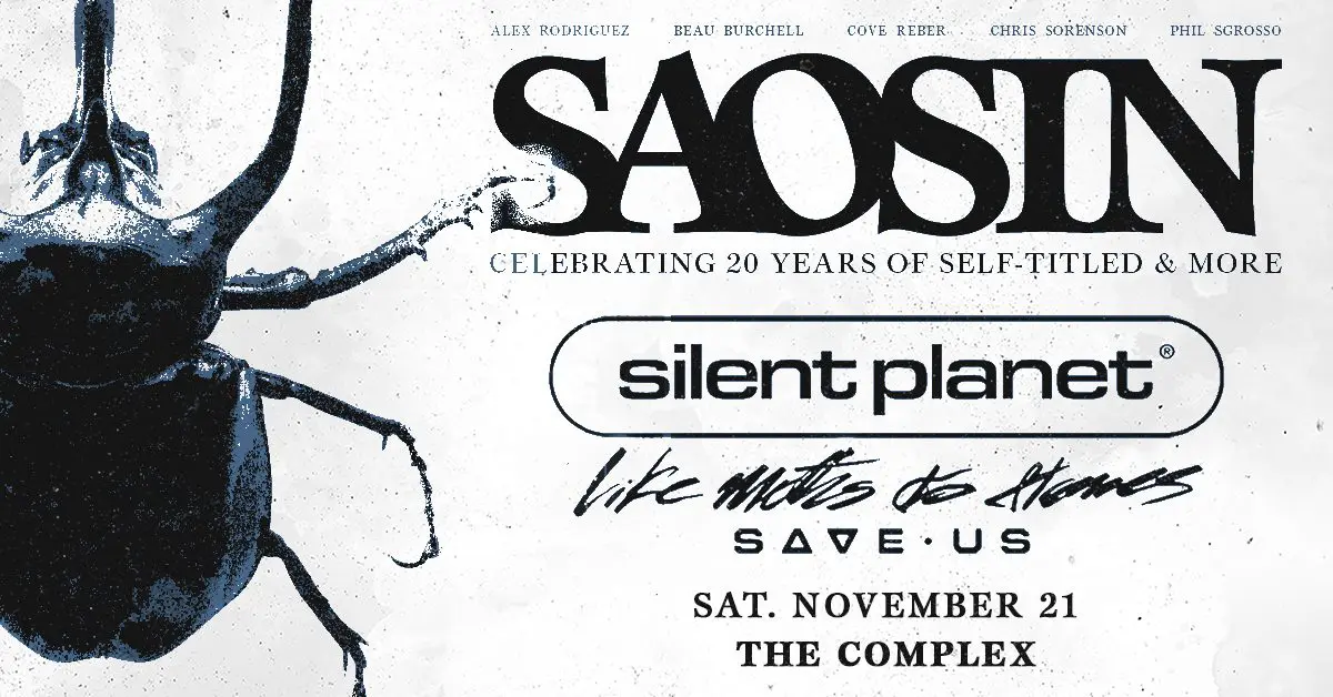 Concert poster showing a large beetle illustration on the left with band names Saosin, Silent Planet, and others at the top, and event details: Sat. November 21 at The Complex.