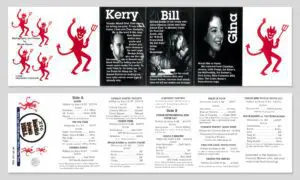 Spread from a vintage program with red devil mascots on white margins flanking black-and-white portrait panels and credits (Kerry, Bill, Gund). It resembles a pavilion of contributor names and article titles for a cowboy poetry publication.