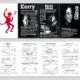 Spread from a vintage program with red devil mascots on white margins flanking black-and-white portrait panels and credits (Kerry, Bill, Gund). It resembles a pavilion of contributor names and article titles for a cowboy poetry publication.