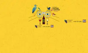 Whimsical yellow poster showing birds perched on oversized glasses around a wine bottle and two wine glasses, with sponsor logos nearby.