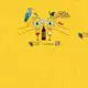 Whimsical yellow poster showing birds perched on oversized glasses around a wine bottle and two wine glasses, with sponsor logos nearby.