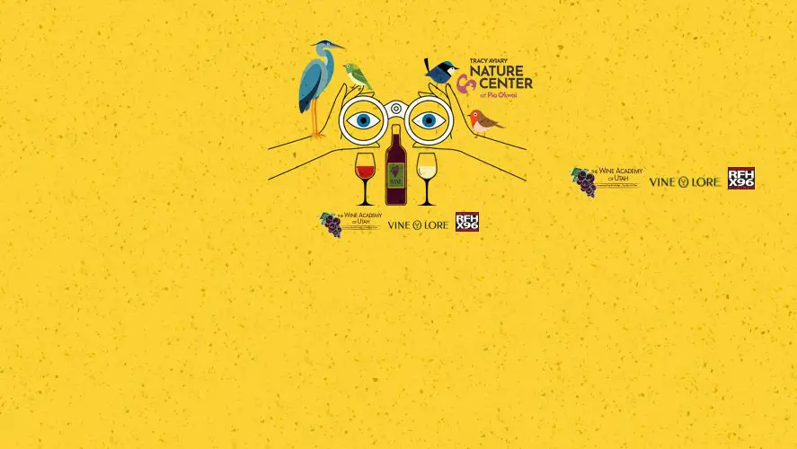 Whimsical yellow poster showing birds perched on oversized glasses around a wine bottle and two wine glasses, with sponsor logos nearby.