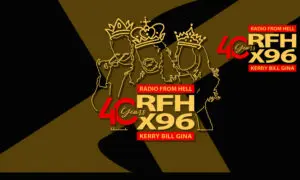Radio from Hell 40 Years anniversary banner featuring outlined crowns-clad trio and RFH X96 logo in gold and red on a black and gold geometric background