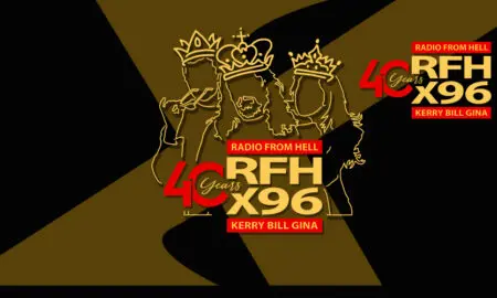 Radio from Hell 40 Years anniversary banner featuring outlined crowns-clad trio and RFH X96 logo in gold and red on a black and gold geometric background