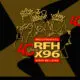 Radio from Hell 40 Years anniversary banner featuring outlined crowns-clad trio and RFH X96 logo in gold and red on a black and gold geometric background