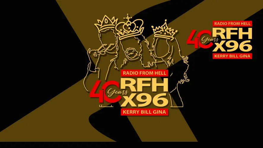 Radio from Hell 40 Years anniversary banner featuring outlined crowns-clad trio and RFH X96 logo in gold and red on a black and gold geometric background
