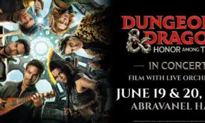 Dungeons & Dragons concert poster: fantasy-costumed performers on the left with instruments, and event details on the right for June 19–20, 2026 at Abravanel Hall.