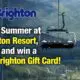 Brighton Resort advertisement with logo, large white and yellow text about a $50 gift card and a ski lift over a mountainous landscape.