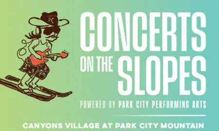 Poster for 'Concerts on the Slopes' with a cartoon skier guitarist, gradient green-to-teal background, announcing events at Canyons Village, Park City Mountain.