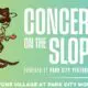 Poster for 'Concerts on the Slopes' with a cartoon skier guitarist, gradient green-to-teal background, announcing events at Canyons Village, Park City Mountain.