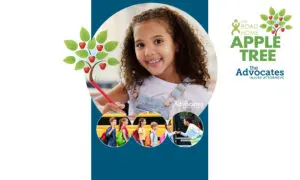 Smiling girl drawing with a red pencil, surrounded by apple-tree illustrations and logos for The Road Home Apple Tree and The Advocates.