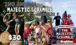 Promotional banner for the 2nd Annual Majestic Scramble at Brighton, showing kids outdoors with event text and "$30 Includes Lift Ticket".