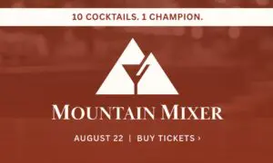 Promotional banner for Mountain Mixer event with a mountain and cocktail glass logo, headline '10 Cocktails. 1 Champion.', and date 'August 22 | Buy Tickets'.