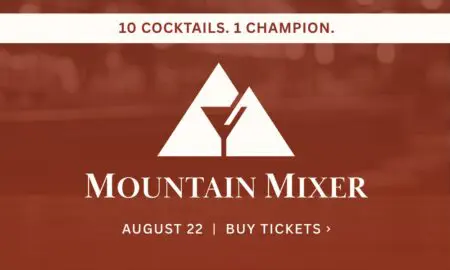 Promotional banner for Mountain Mixer event with a mountain and cocktail glass logo, headline '10 Cocktails. 1 Champion.', and date 'August 22 | Buy Tickets'.