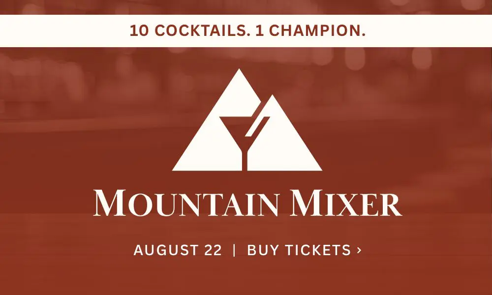 Promotional banner for Mountain Mixer event with a mountain and cocktail glass logo, headline '10 Cocktails. 1 Champion.', and date 'August 22 | Buy Tickets'.