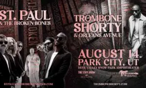 Concert poster for St. Paul & The Broken Bones and Trombone Shorty & Orleans Avenue, announcing August 14 in Park City, Utah (Deer Valley Snow Park Amphitheater).