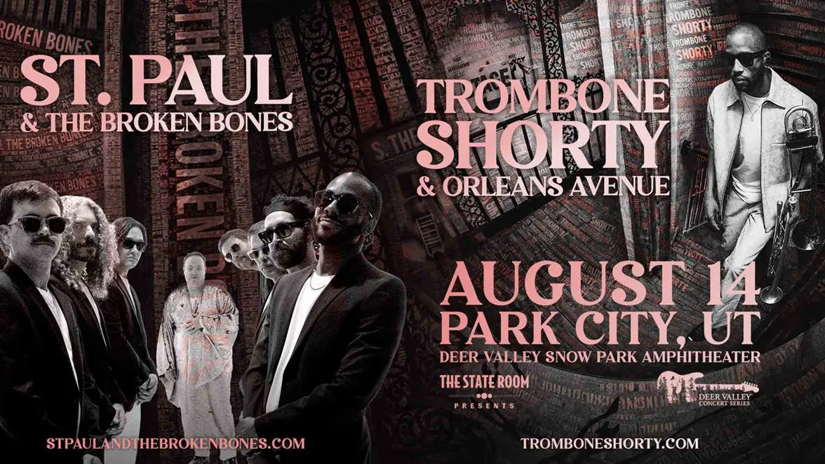 Concert poster for St. Paul & The Broken Bones and Trombone Shorty & Orleans Avenue, announcing August 14 in Park City, Utah (Deer Valley Snow Park Amphitheater).