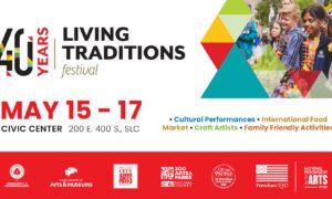 Festival banner for 40 Years Living Traditions, May 15–17 at Civic Center, with colorful geometric triangles and a crowd image in the background.