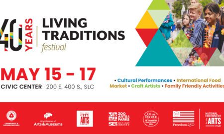 Festival banner for 40 Years Living Traditions, May 15–17 at Civic Center, with colorful geometric triangles and a crowd image in the background.