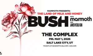 Promotional poster with pink peonies on the left and bold black ‘BUSH’ text with event details on the right.