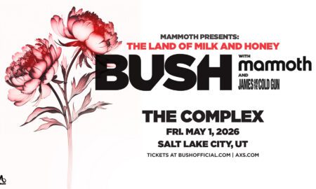 Promotional poster with pink peonies on the left and bold black ‘BUSH’ text with event details on the right.