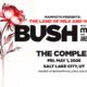 Promotional poster with pink peonies on the left and bold black ‘BUSH’ text with event details on the right.