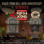Event poster: Radio From Hell 40th Anniversary Soirée at Caffè Molise, June 6, 6–9 PM; shows red-outlined silhouettes of guests in a brick-walled venue backdrop.