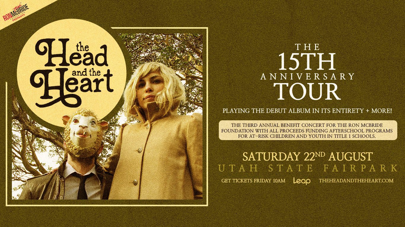 Poster for The Head and the Heart 15th Anniversary Tour with a masked man and blonde woman beside the logo against an olive background.