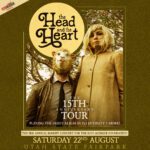 Poster for The Head and the Heart's 15th Anniversary Tour, featuring a masked figure and a blonde person in a tan coat under a yellow circle logo.