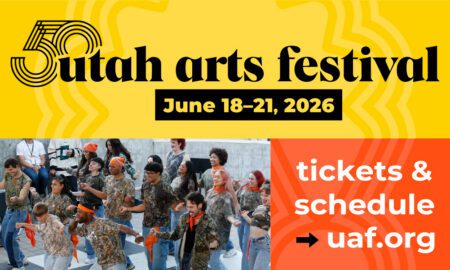Poster for Utah Arts Festival with a bright yellow header reading 'Utah arts festival' and dates 'June 18–21, 2026'; crowd photo at the bottom left and an orange panel on the right saying 'tickets & schedule → uaf.org'