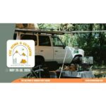Outdoor recreation expo booth set up next to an SUV, with camping gear and a large The Home & Outdoor Recreation Expo sign.”