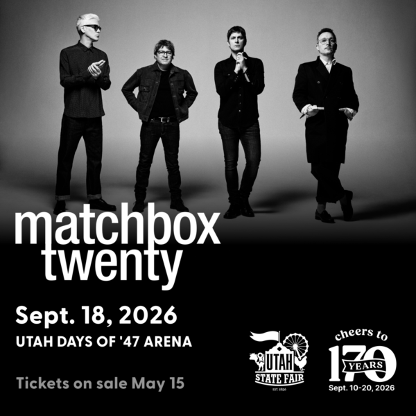 Black-and-white poster of the band Matchbox Twenty, four men standing together, with the date Sept. 18, 2026 at Utah Days of ’47 Arena and “Tickets on sale May 15.”