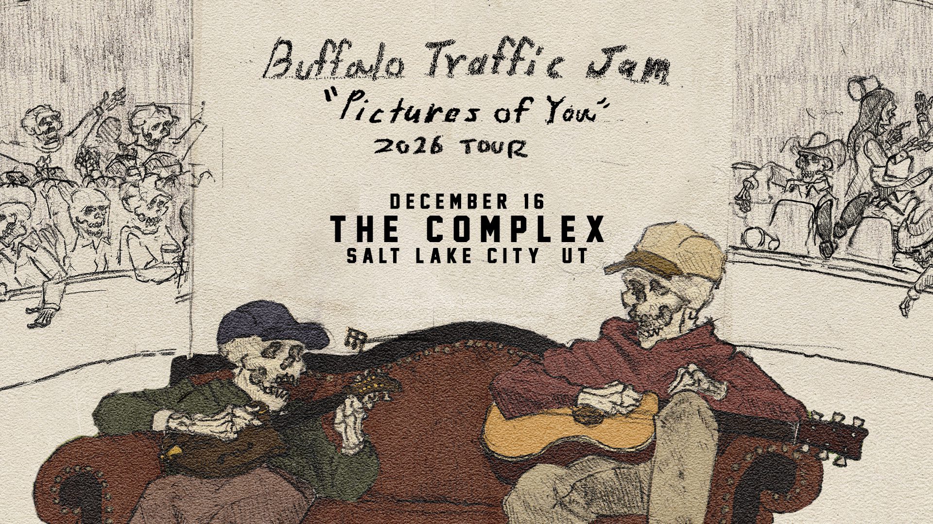 Illustrated concert poster for Buffalo Traffic Jam 'Pictures of You' 2016 Tour—Dec 16 at The Complex, Salt Lake City, UT.